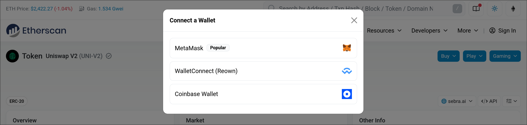 Etherscan's limited login options